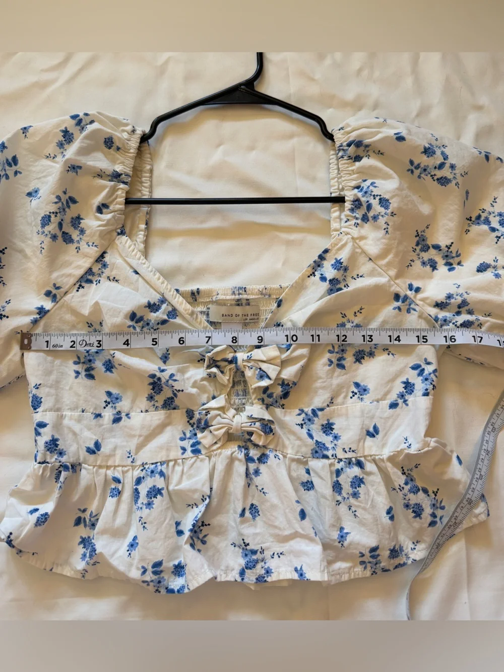 Band of the Free Los Angeles Blue Floral Smocked Peplum Puff Sleeve Crop